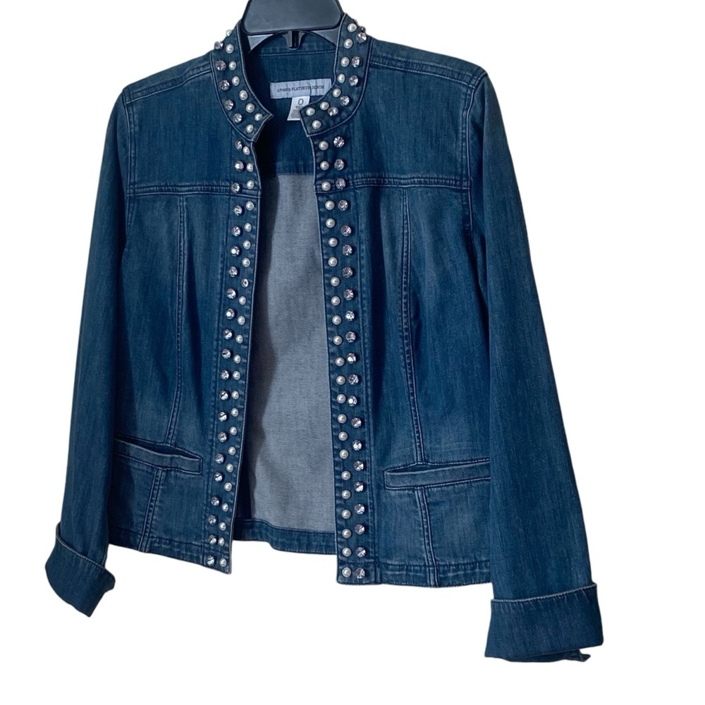 Chico's Denim Embellished Faux Pearls Studded Large Rhinestones Blue Sz O